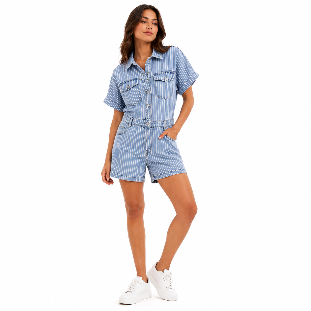 Combishort en jean rayé femme ; Coupe décontractée, manches courtes et poches