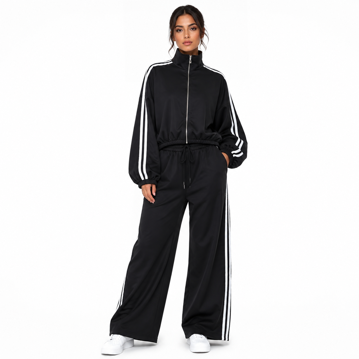 Ensemble Femme Deux Pièces Veste Zippée et Pantalon Large à Bandes