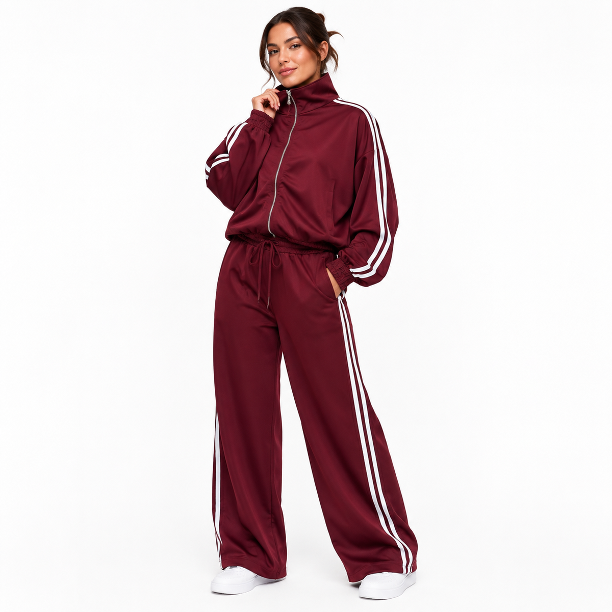 Ensemble Femme Deux Pièces Veste Zippée et Pantalon Large à Bandes