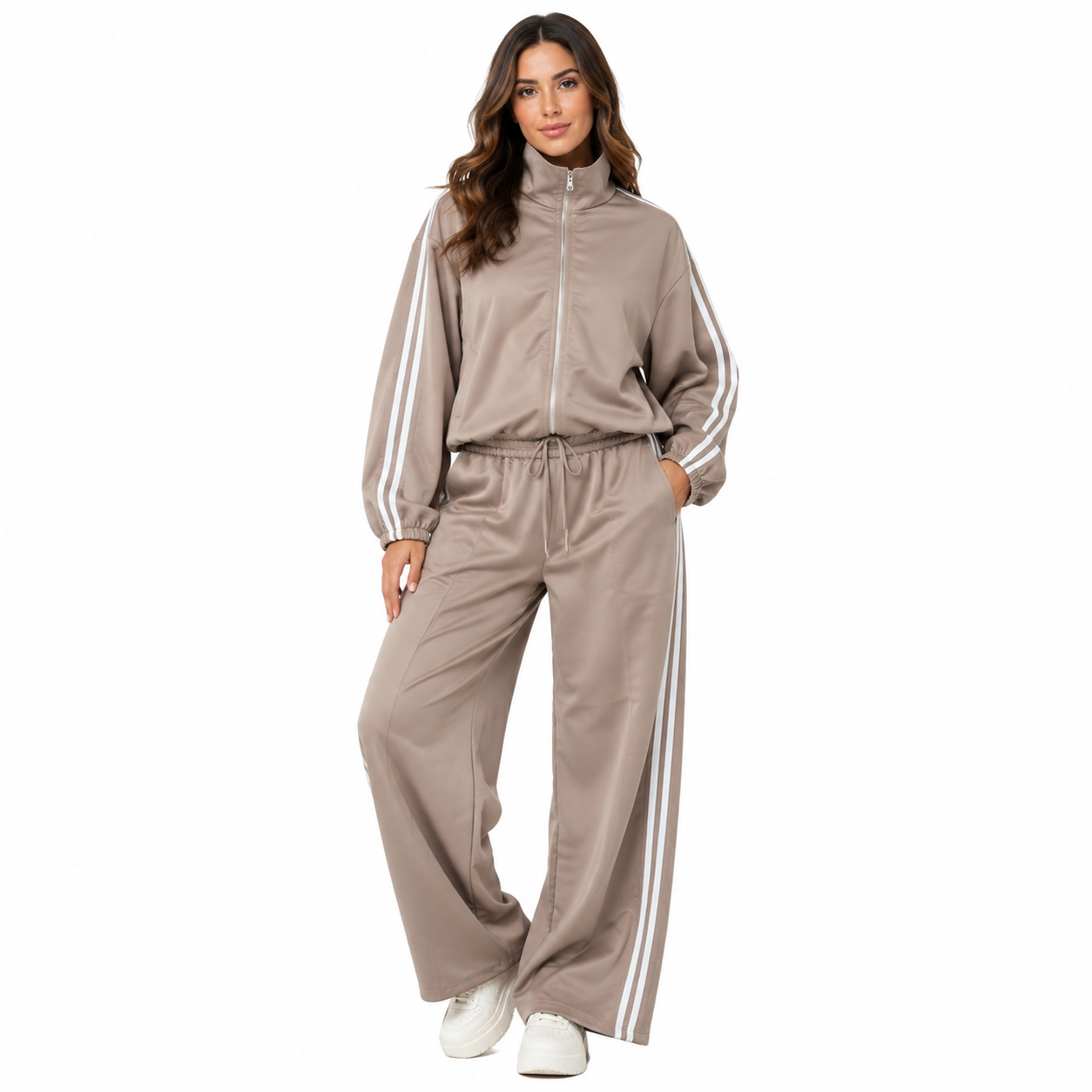 Ensemble Femme Deux Pièces Veste Zippée et Pantalon Large à Bandes