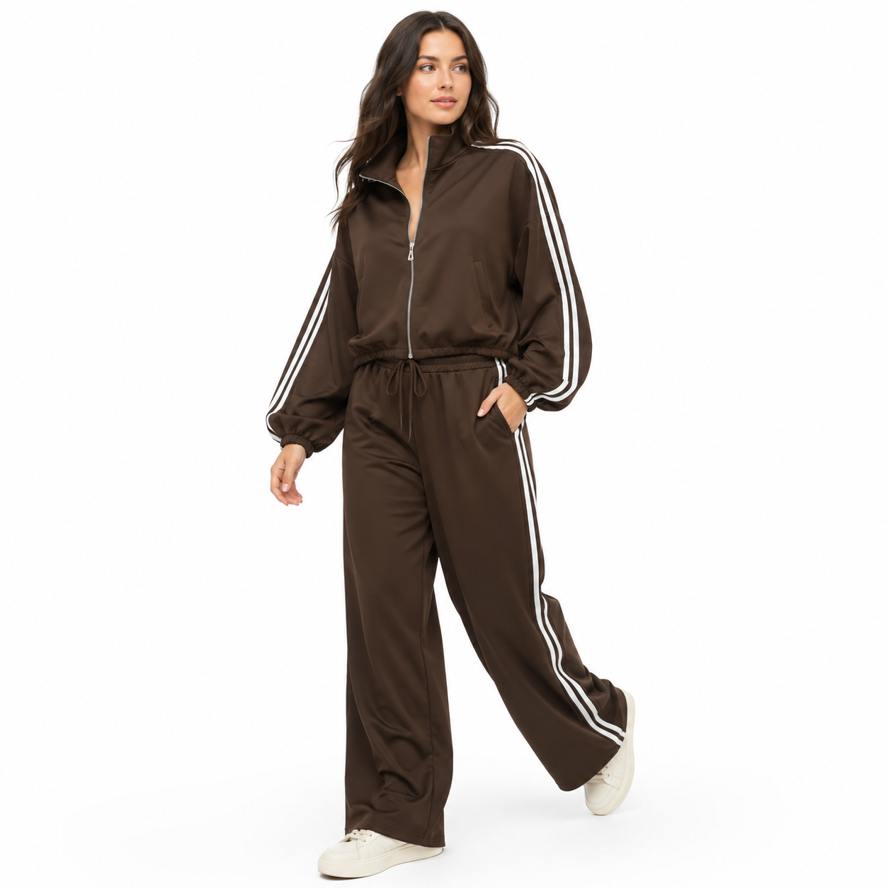 Ensemble Femme Deux Pièces Veste Zippée et Pantalon Large à Bandes