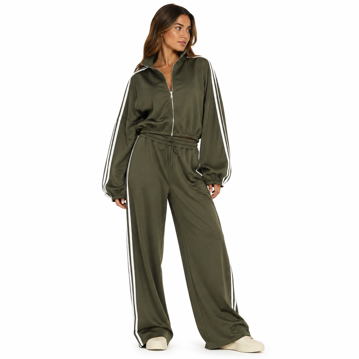 Ensemble Femme Deux Pièces Veste Zippée et Pantalon Large à Bandes