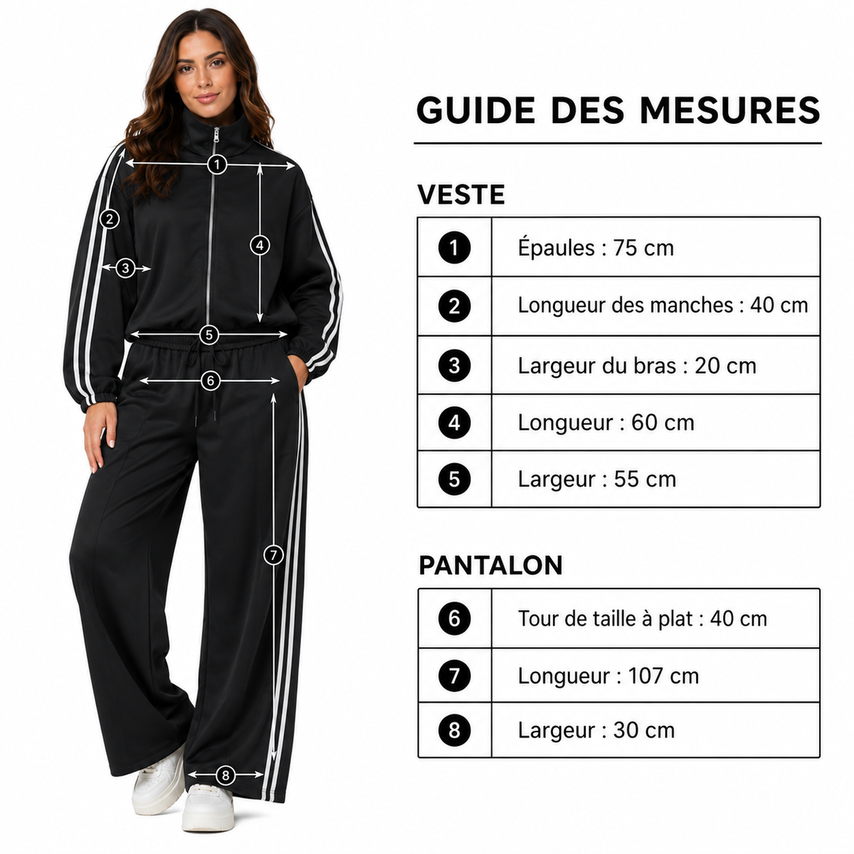 Ensemble Femme Deux Pièces Veste Zippée et Pantalon Large à Bandes