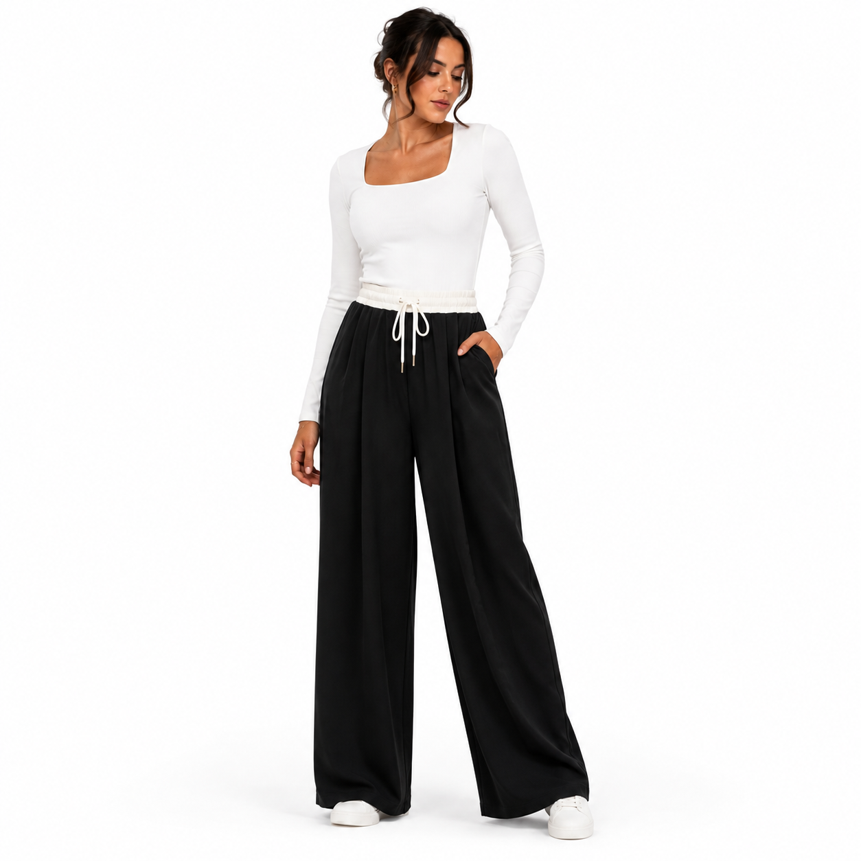 Pantalon Palazzo Femme Taille Élastique – Coupe Large Fluide avec Poches