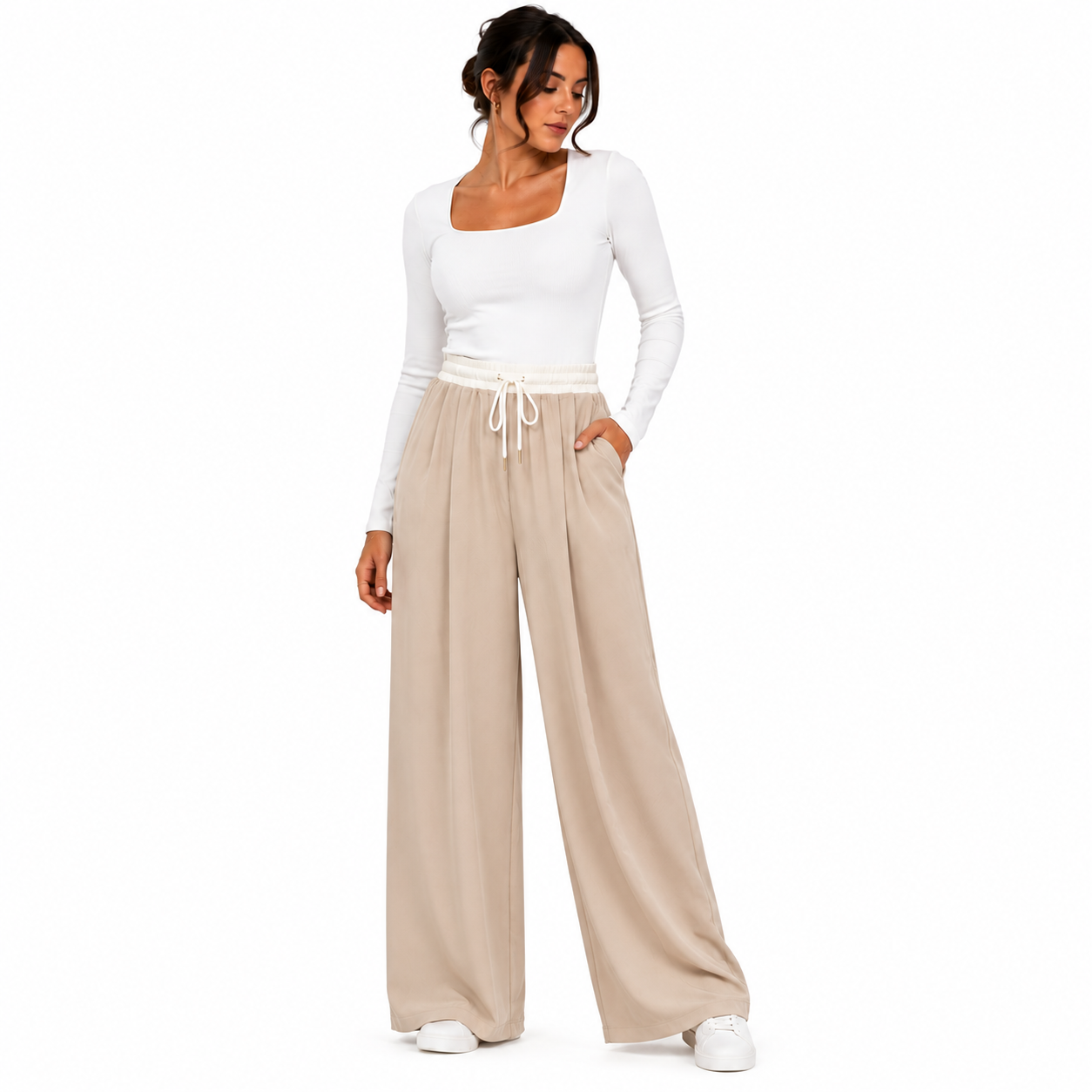 Pantalon Palazzo Femme Taille Élastique – Coupe Large Fluide avec Poches