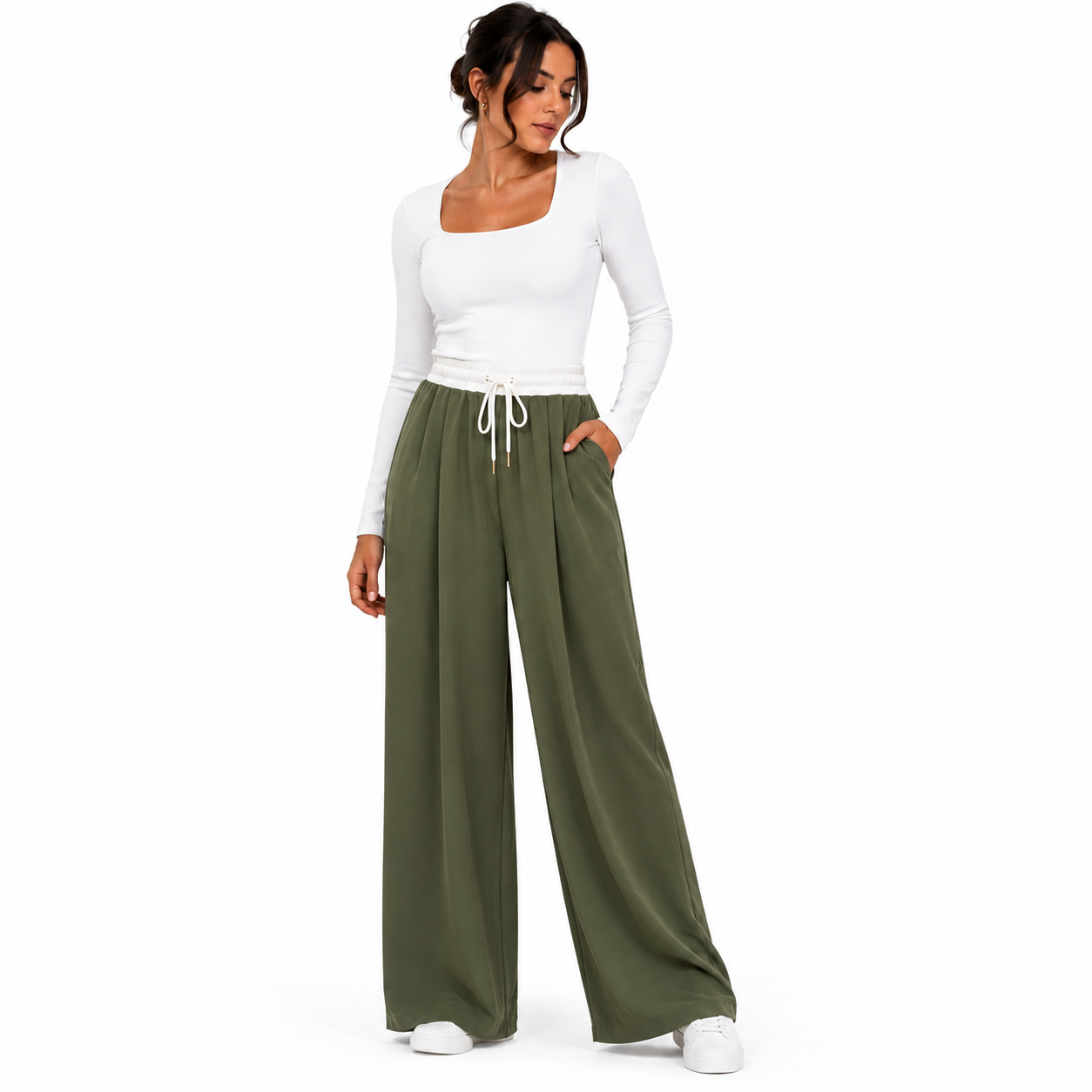 Pantalon Palazzo Femme Taille Élastique – Coupe Large Fluide avec Poches