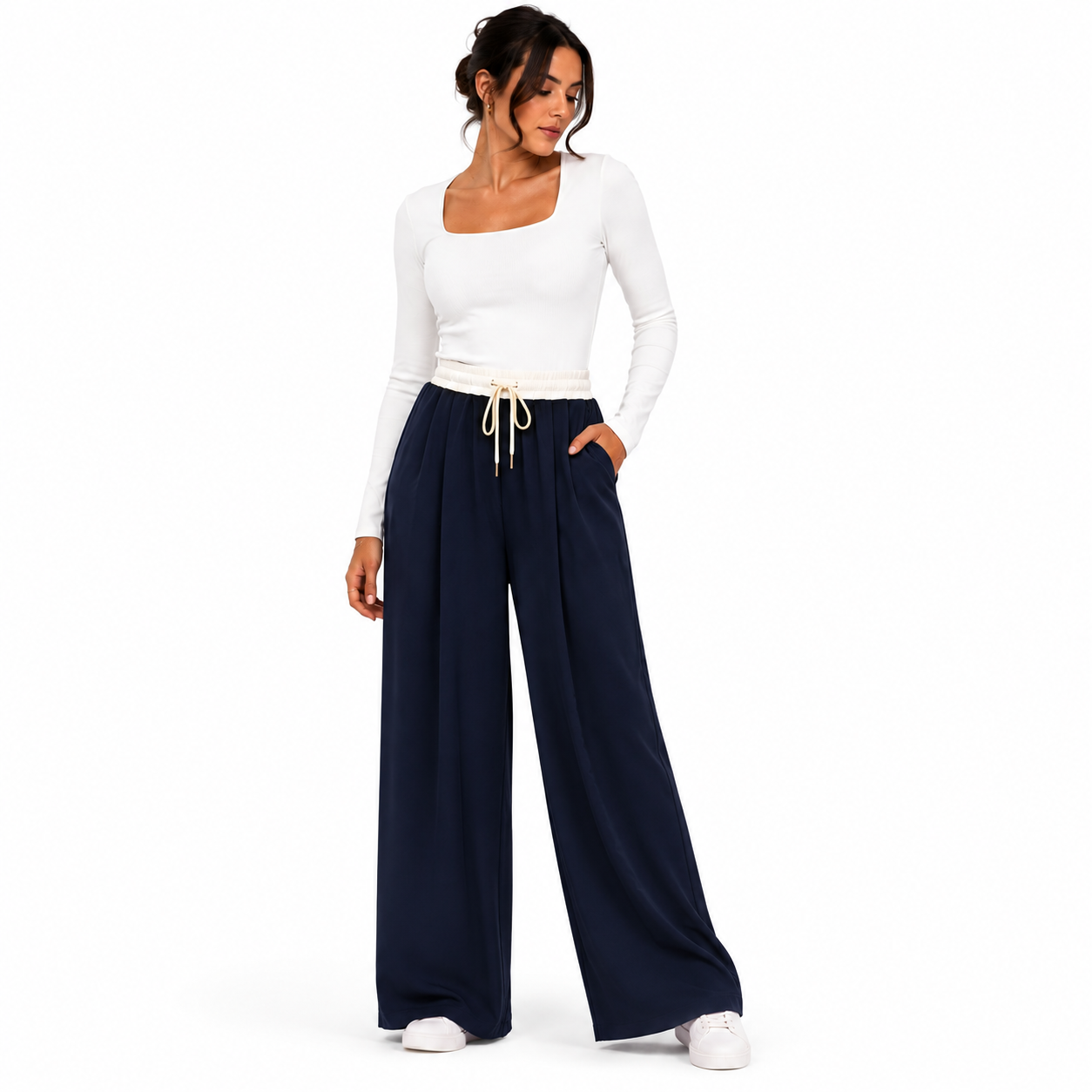 Pantalon Palazzo Femme Taille Élastique – Coupe Large Fluide avec Poches