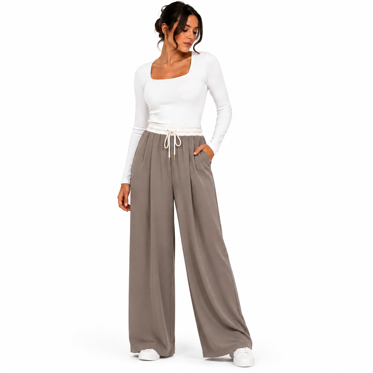 Pantalon Palazzo Femme Taille Élastique – Coupe Large Fluide avec Poches