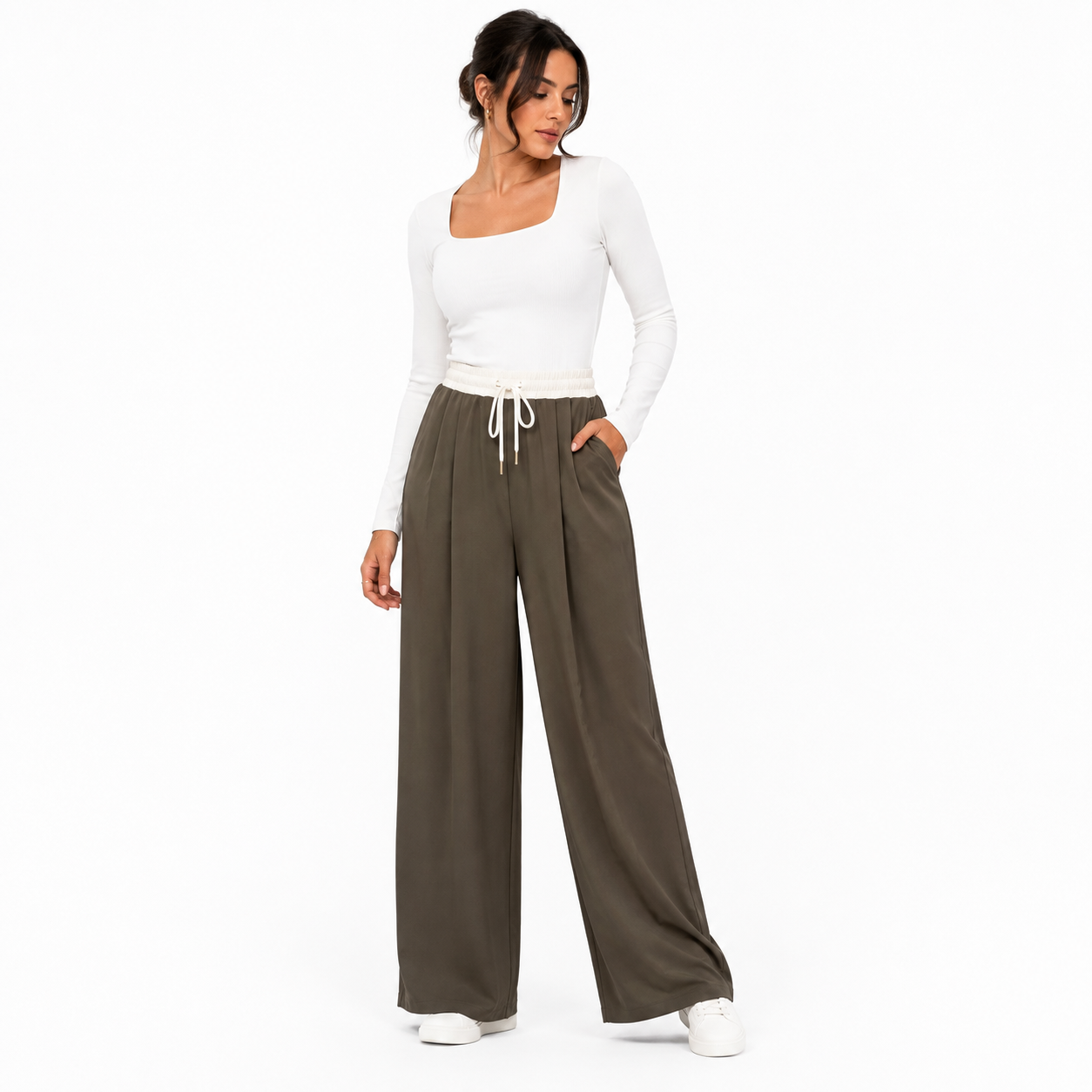 Pantalon Palazzo Femme Taille Élastique – Coupe Large Fluide avec Poches