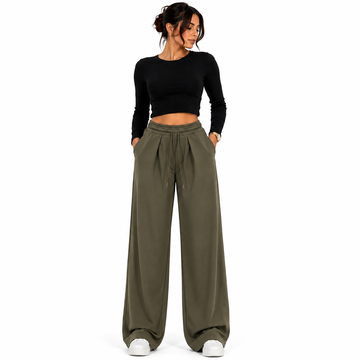 Women's elastic waist drawstring trousers – comfortable flowy trousers – one size – modern casual style