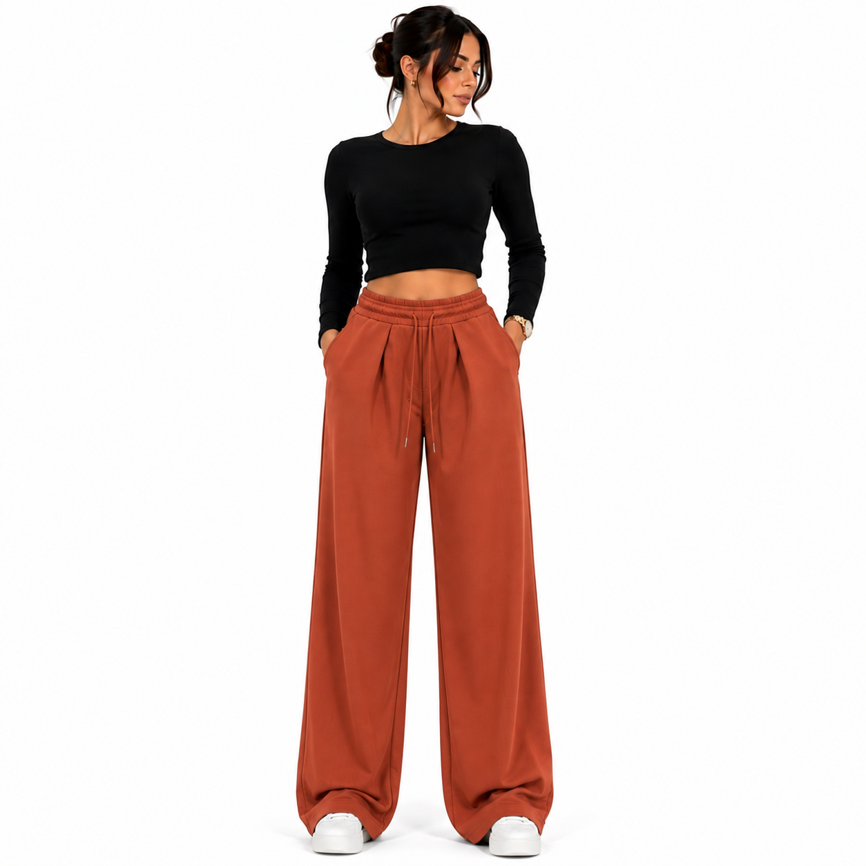 Women's elastic waist drawstring trousers – comfortable flowy trousers – one size – modern casual style