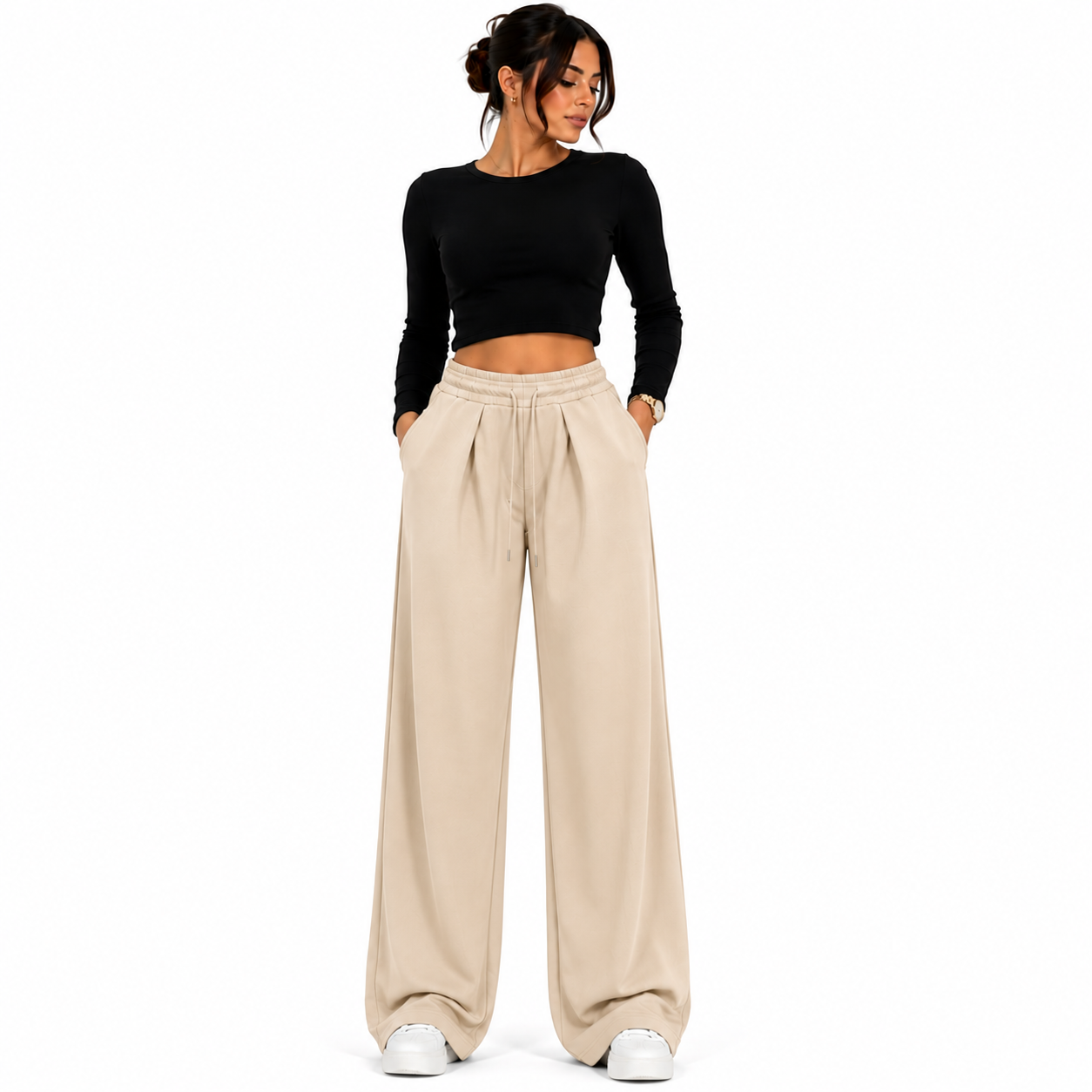 Women's elastic waist drawstring trousers – comfortable flowy trousers – one size – modern casual style