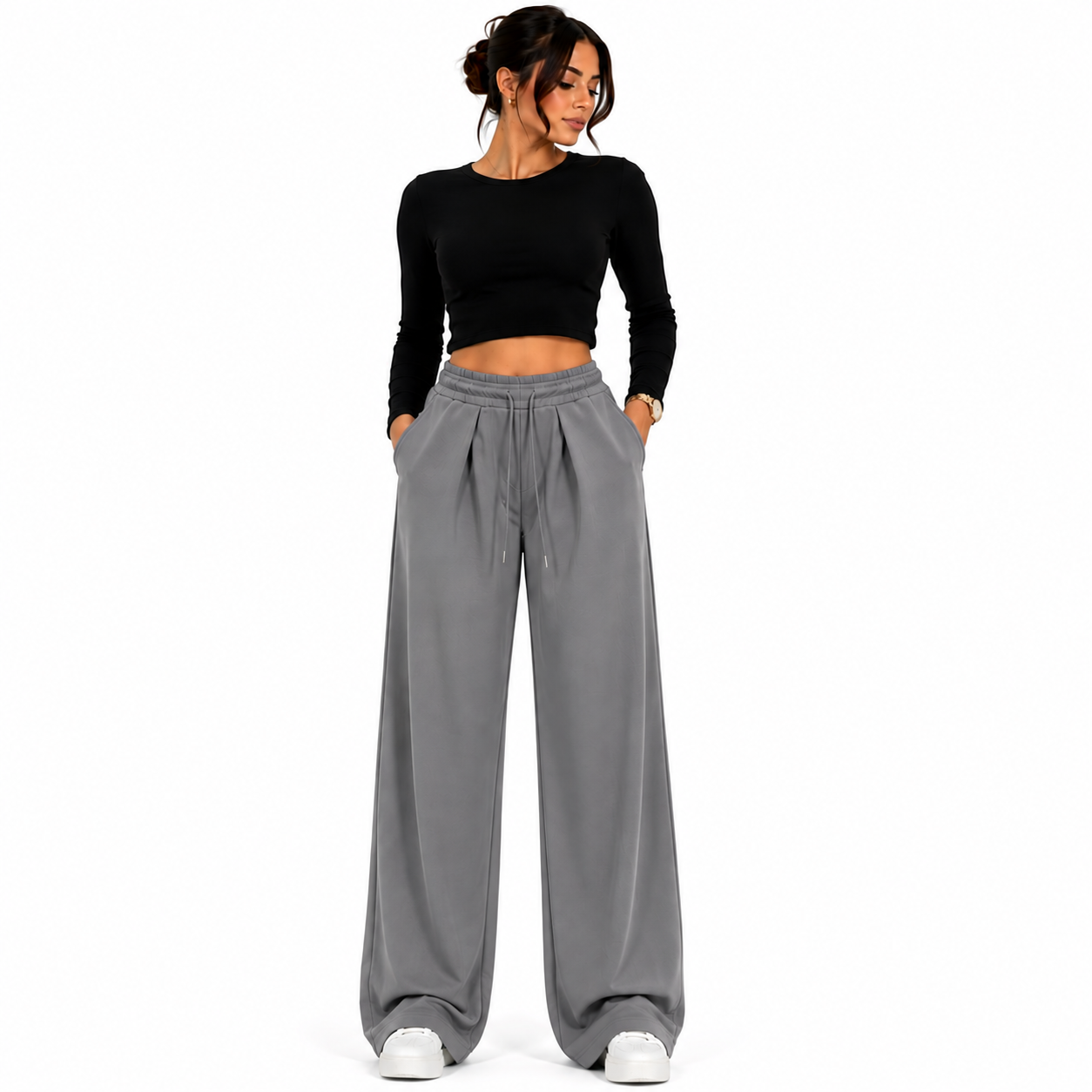 Women's elastic waist drawstring trousers – comfortable flowy trousers – one size – modern casual style