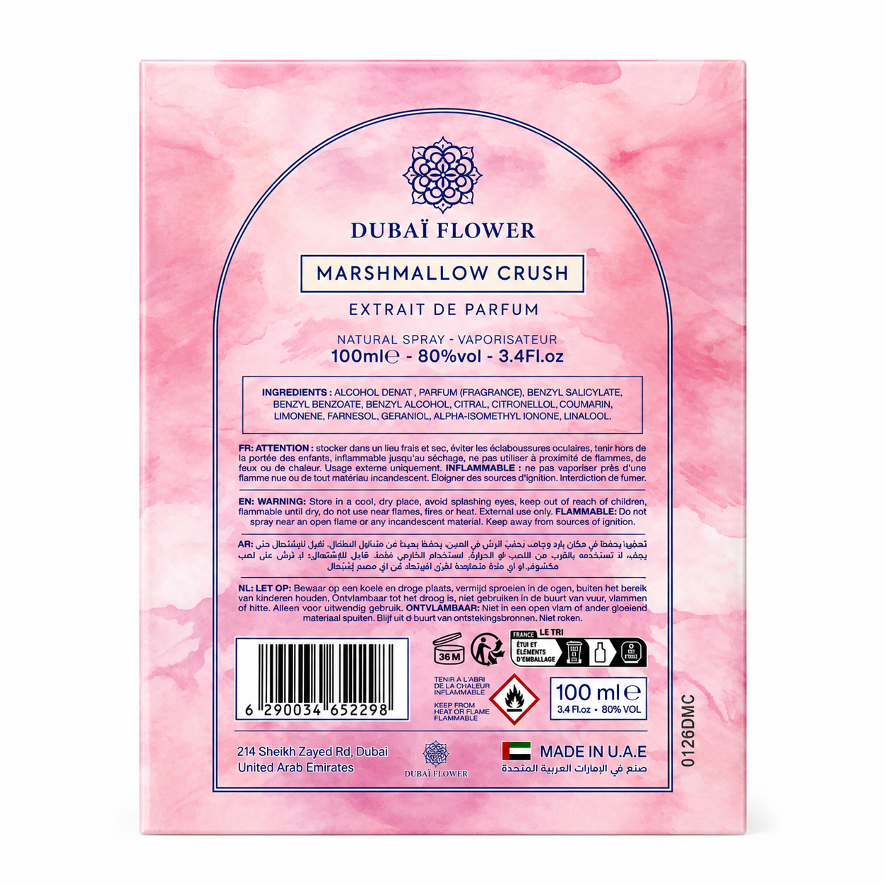 Parfum Marshmallow Crush Dubai Flower – Eau de Parfum Gourmande Sucrée Longue Tenue 100ml
