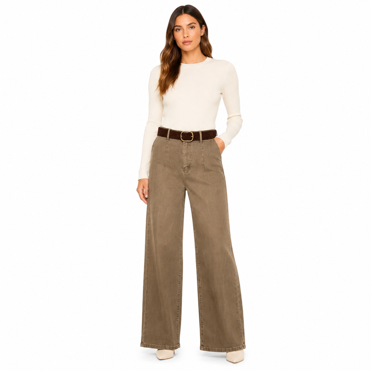 Jean Femme Taille Haute Coupe Large avec Ceinture