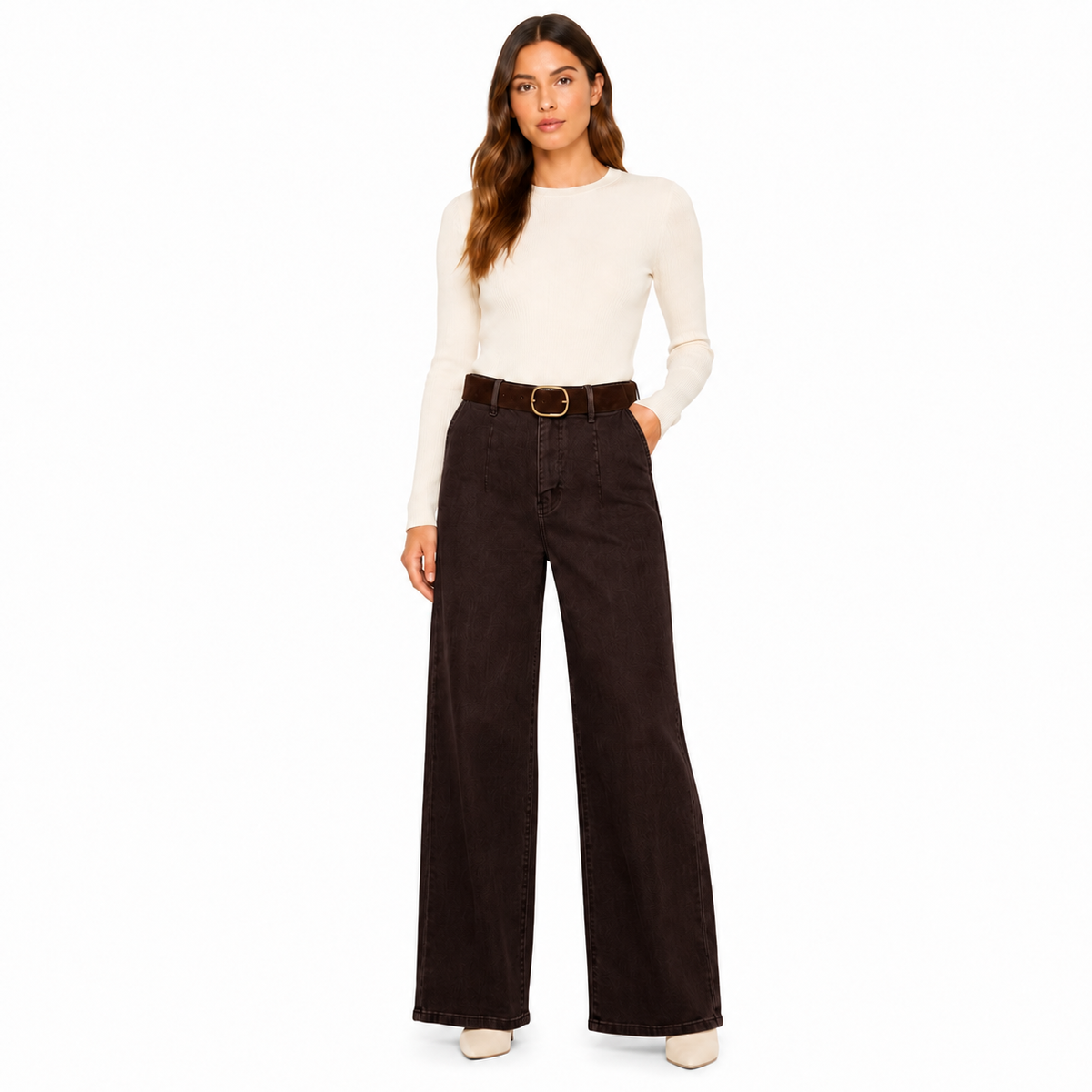 Jean Femme Taille Haute Coupe Large avec Ceinture