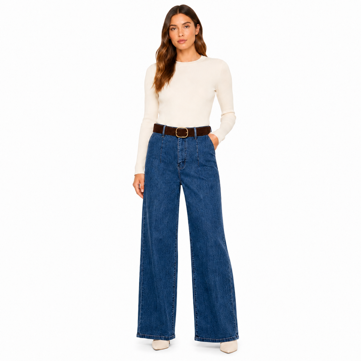 Jean Femme Taille Haute Coupe Large avec Ceinture