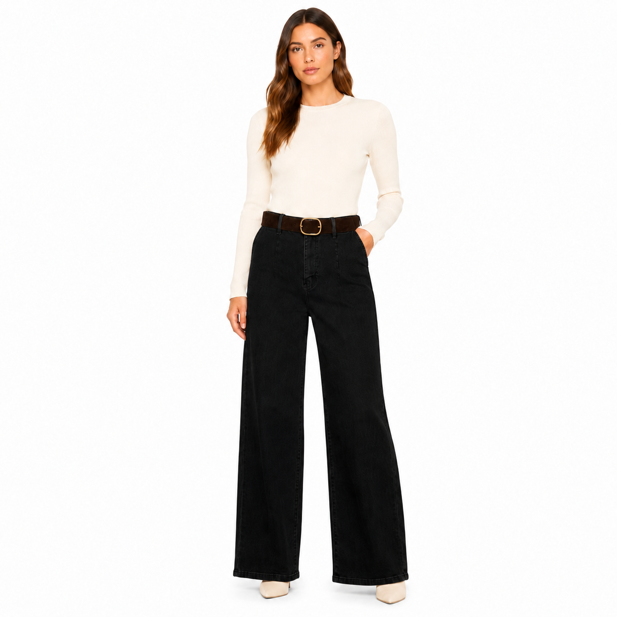 Jean Femme Taille Haute Coupe Large avec Ceinture