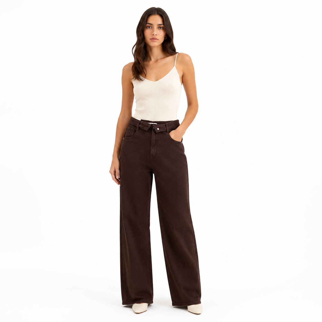 Jean Femme Taille Haute Croisée Coupe Large Droite
