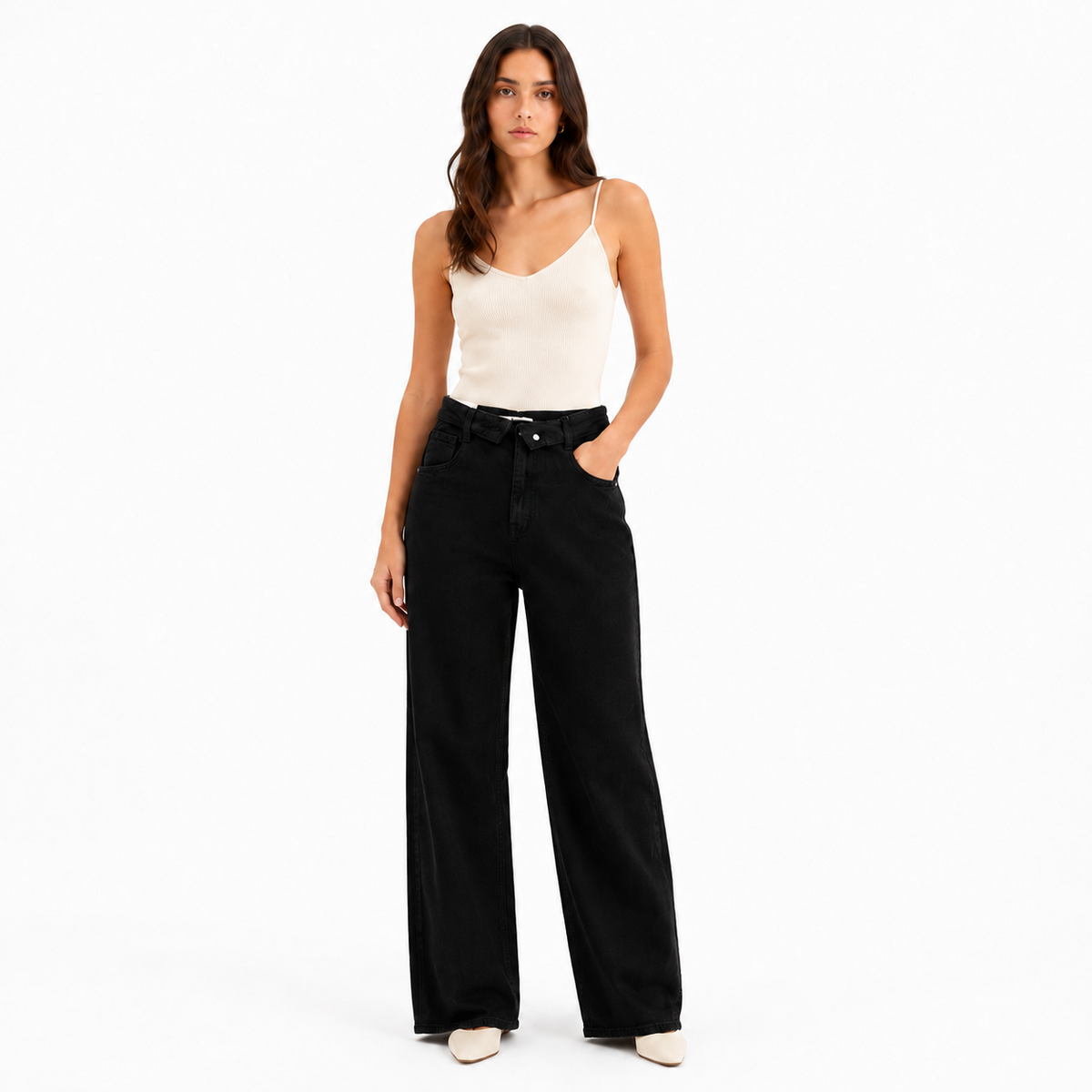Jean Femme Taille Haute Croisée Coupe Large Droite