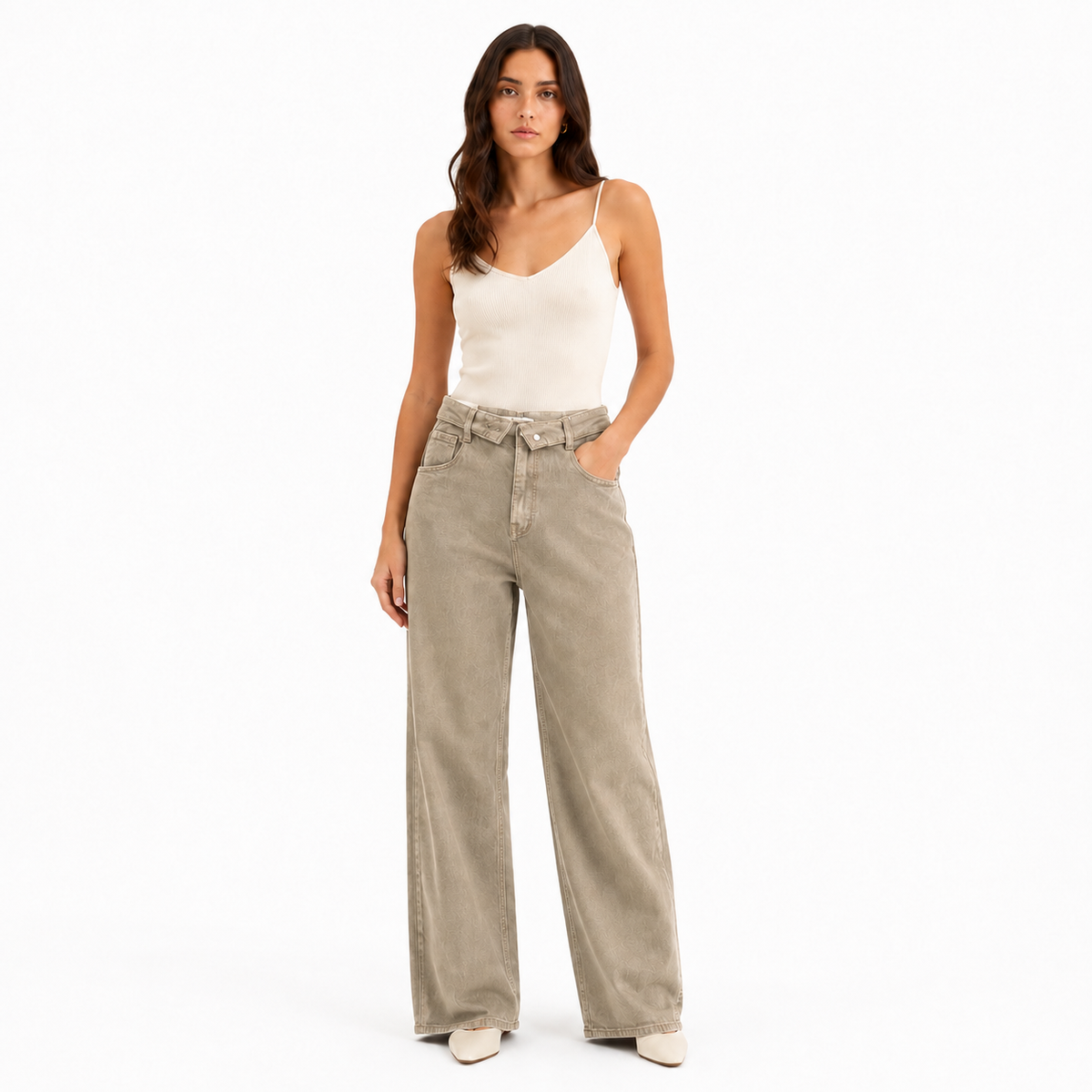 Jean Femme Taille Haute Croisée Coupe Large Droite