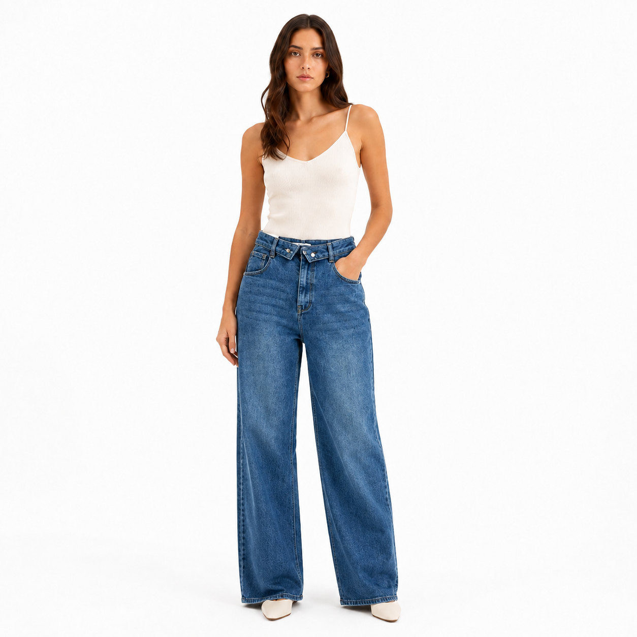 Jean Femme Taille Haute Croisée Coupe Large Droite