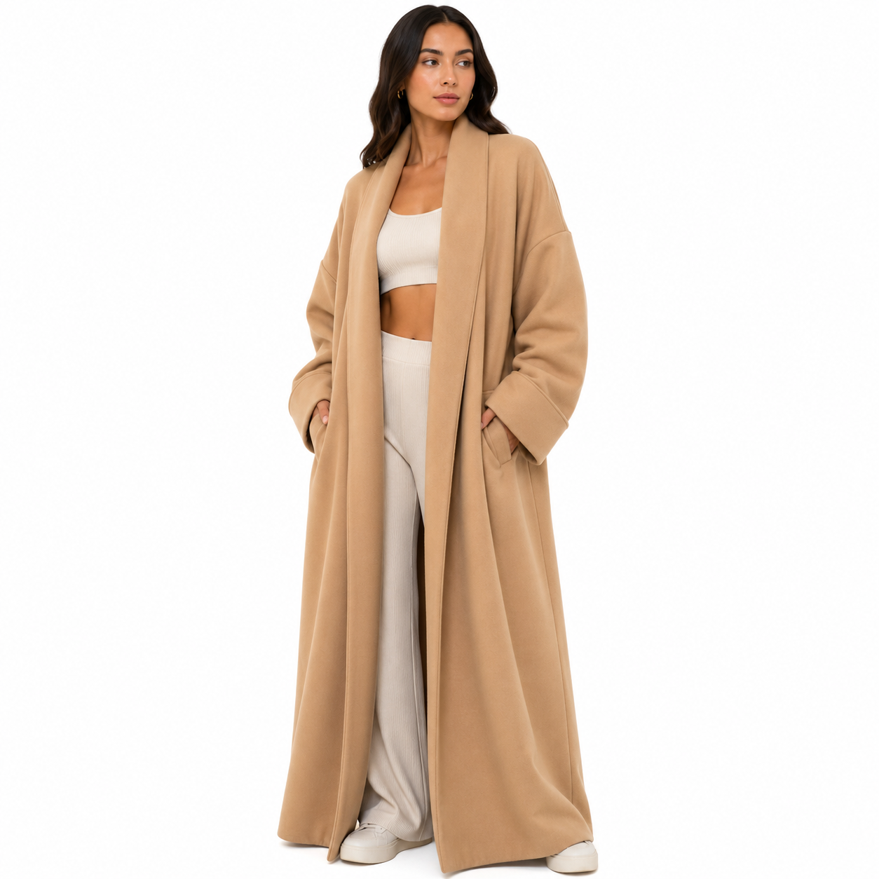 Gilet long 116 oversize femme avec poches – Cardigan ouvert élégant style cocoon