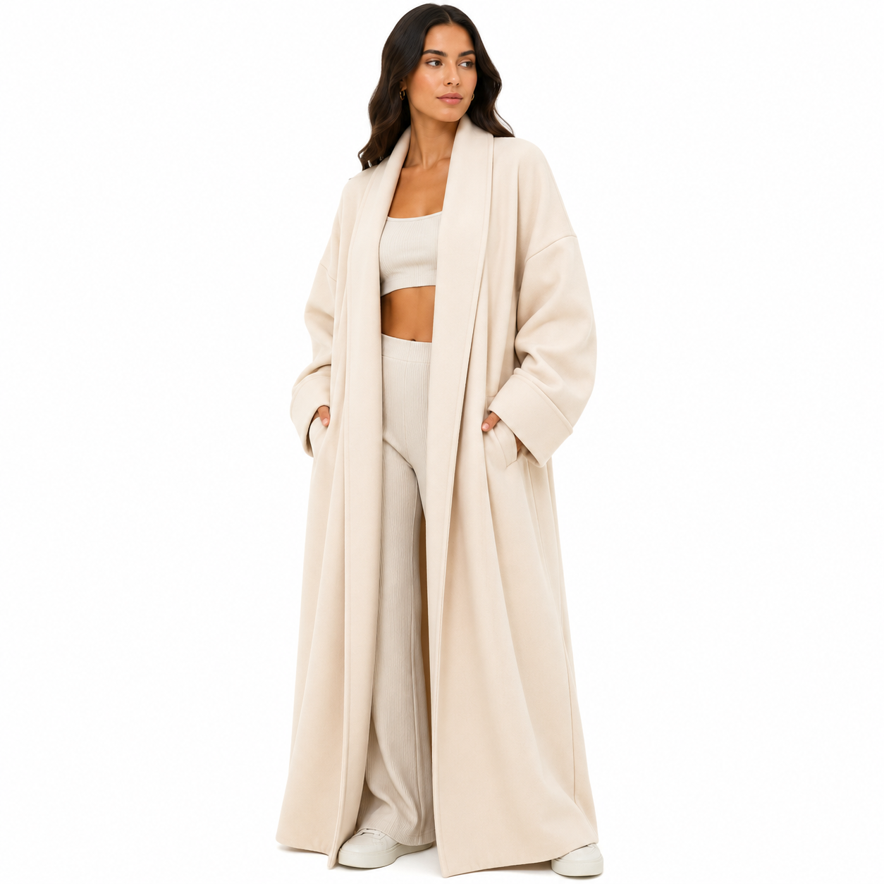 Gilet long 116 oversize femme avec poches – Cardigan ouvert élégant style cocoon