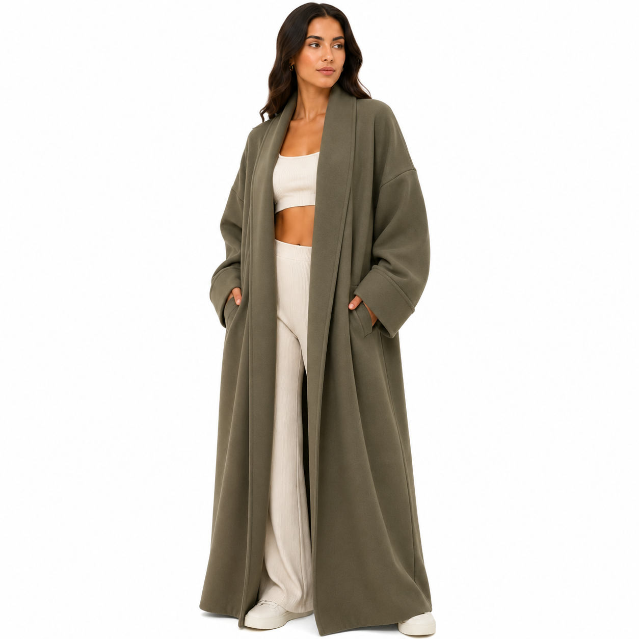 Gilet long 116 oversize femme avec poches – Cardigan ouvert élégant style cocoon