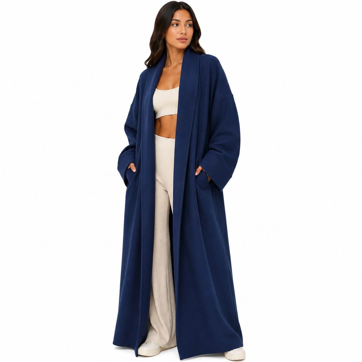 Gilet long 116 oversize femme avec poches – Cardigan ouvert élégant style cocoon