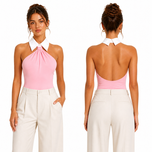 Body col chemise dos nu élégant femme été