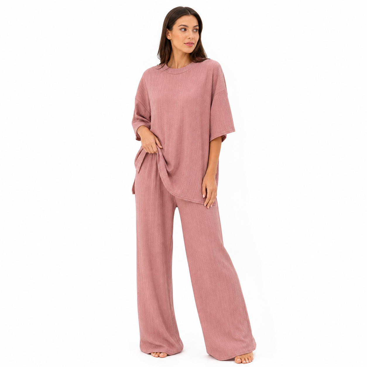 Ensemble Femme Chic Texturé – T-shirt & Pantalon Fluide