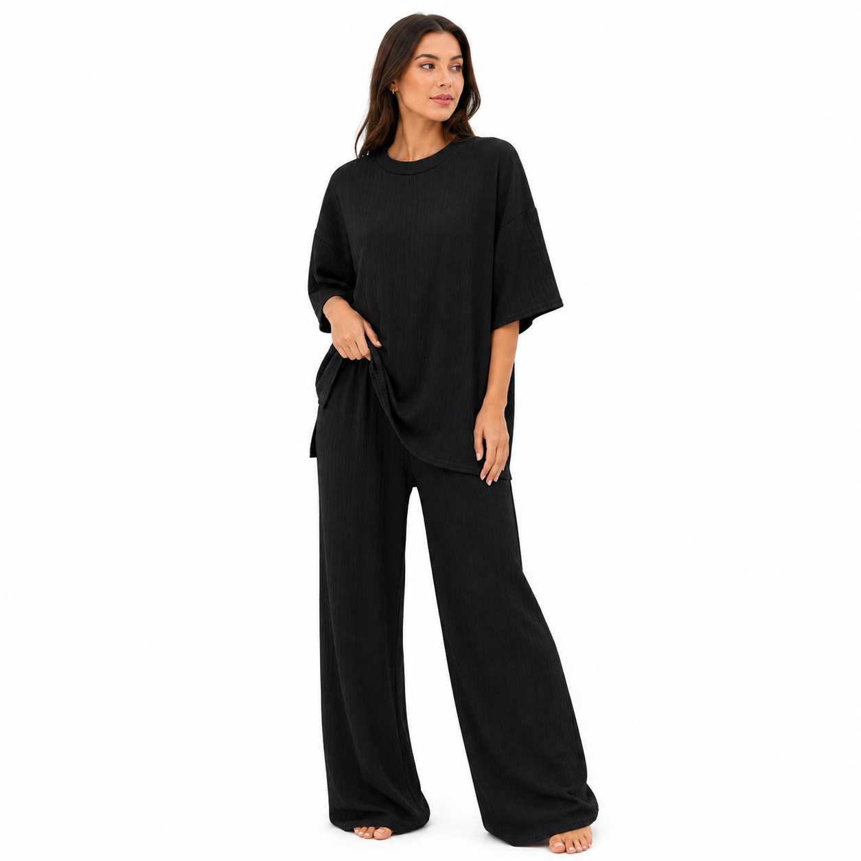 Ensemble Femme Chic Texturé – T-shirt & Pantalon Fluide