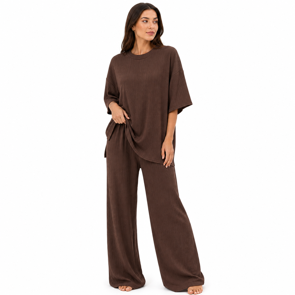Ensemble Femme Chic Texturé – T-shirt & Pantalon Fluide