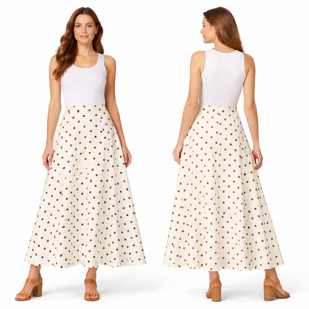 Polka dot satin maxi skirt – flared high-waisted cut, chic elegant style
