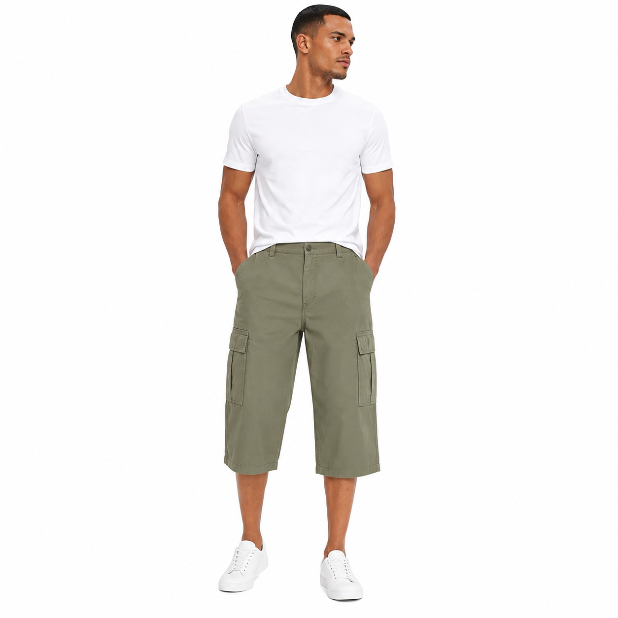 Pantacourt cargo homme en coton – Coupe droite – Poches latérales – Style casual outdoor