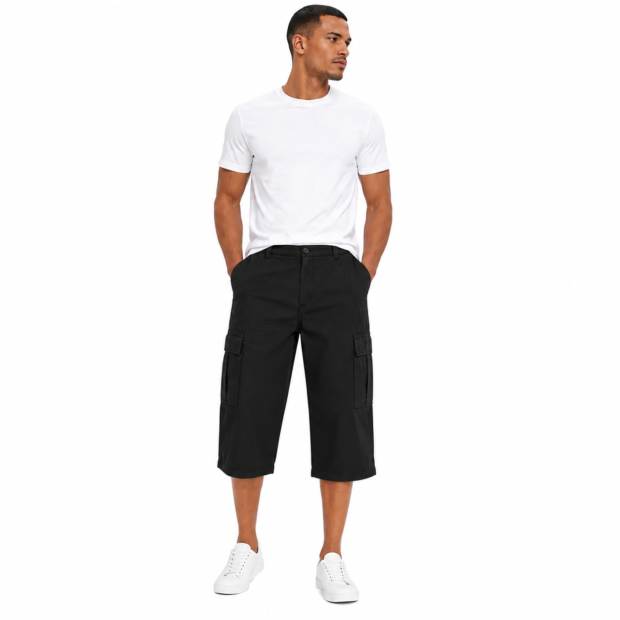 Pantacourt cargo homme en coton – Coupe droite – Poches latérales – Style casual outdoor