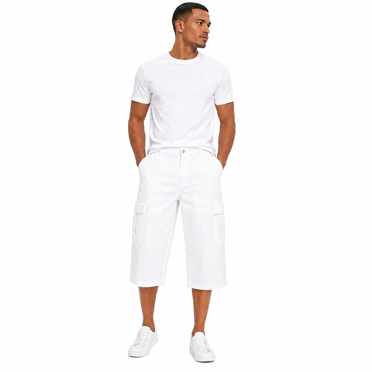 Pantacourt cargo homme en coton – Coupe droite – Poches latérales – Style casual outdoor