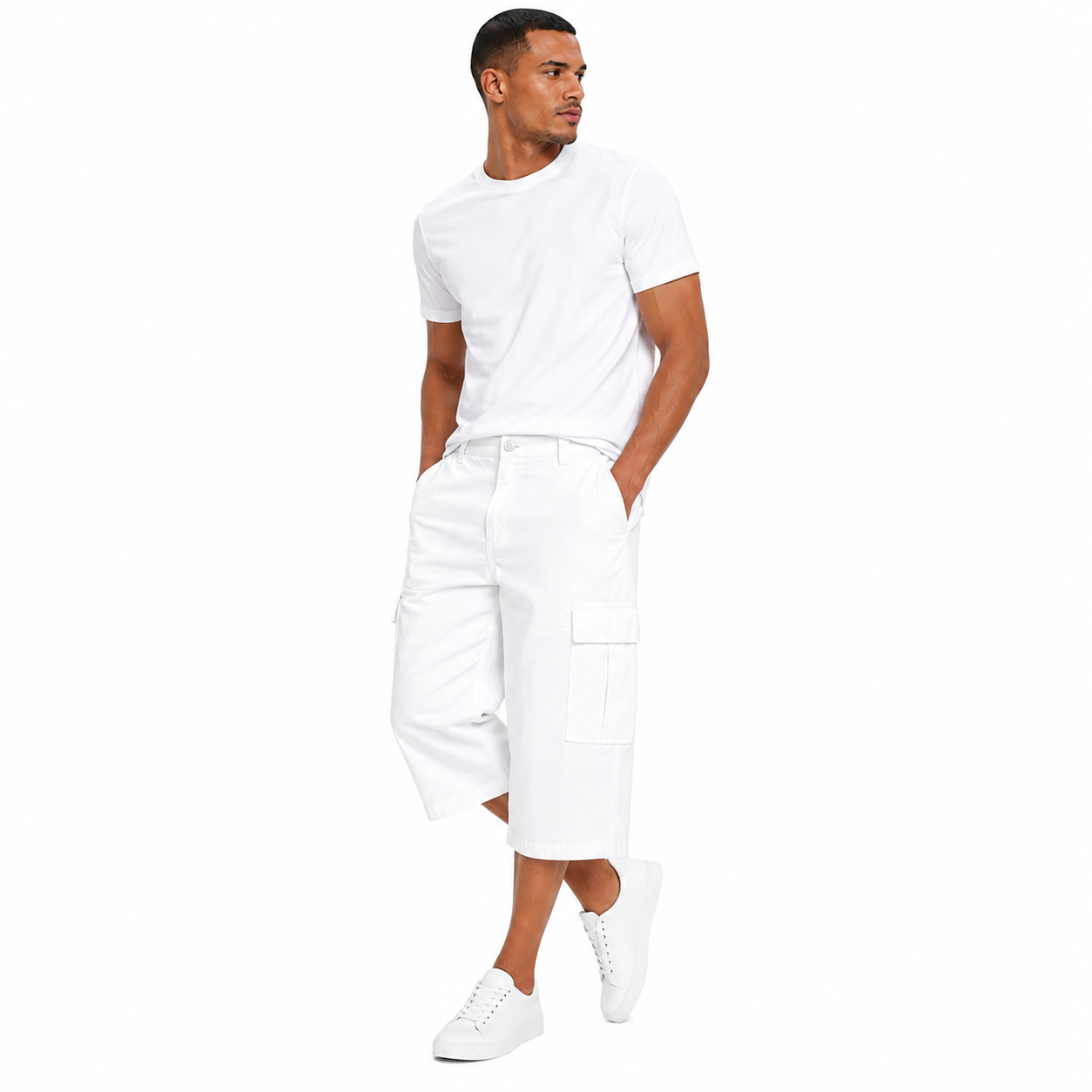Pantacourt cargo homme en coton – Coupe droite – Poches latérales – Style casual outdoor