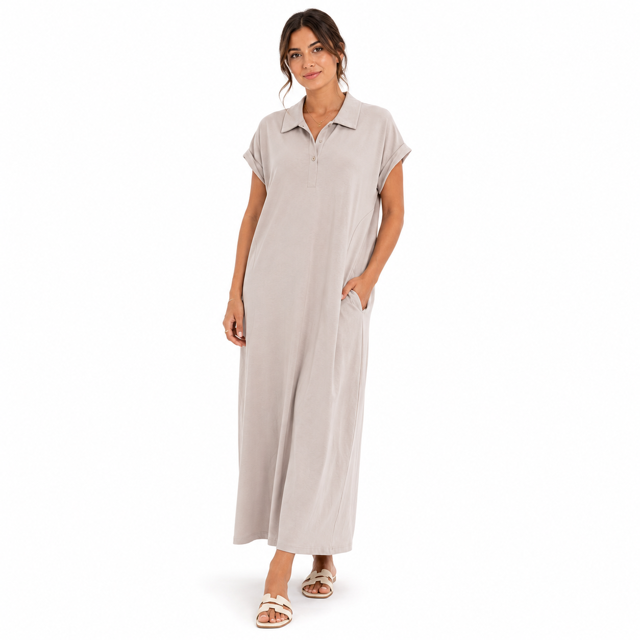 Robe Fluide Mi-Longue à Manches Courtes