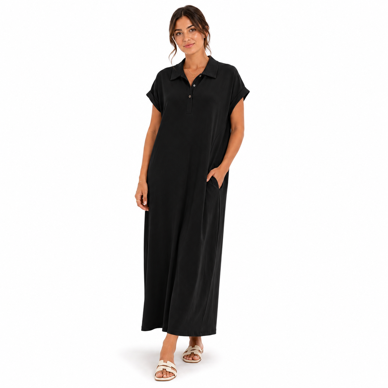 Robe Fluide Mi-Longue à Manches Courtes