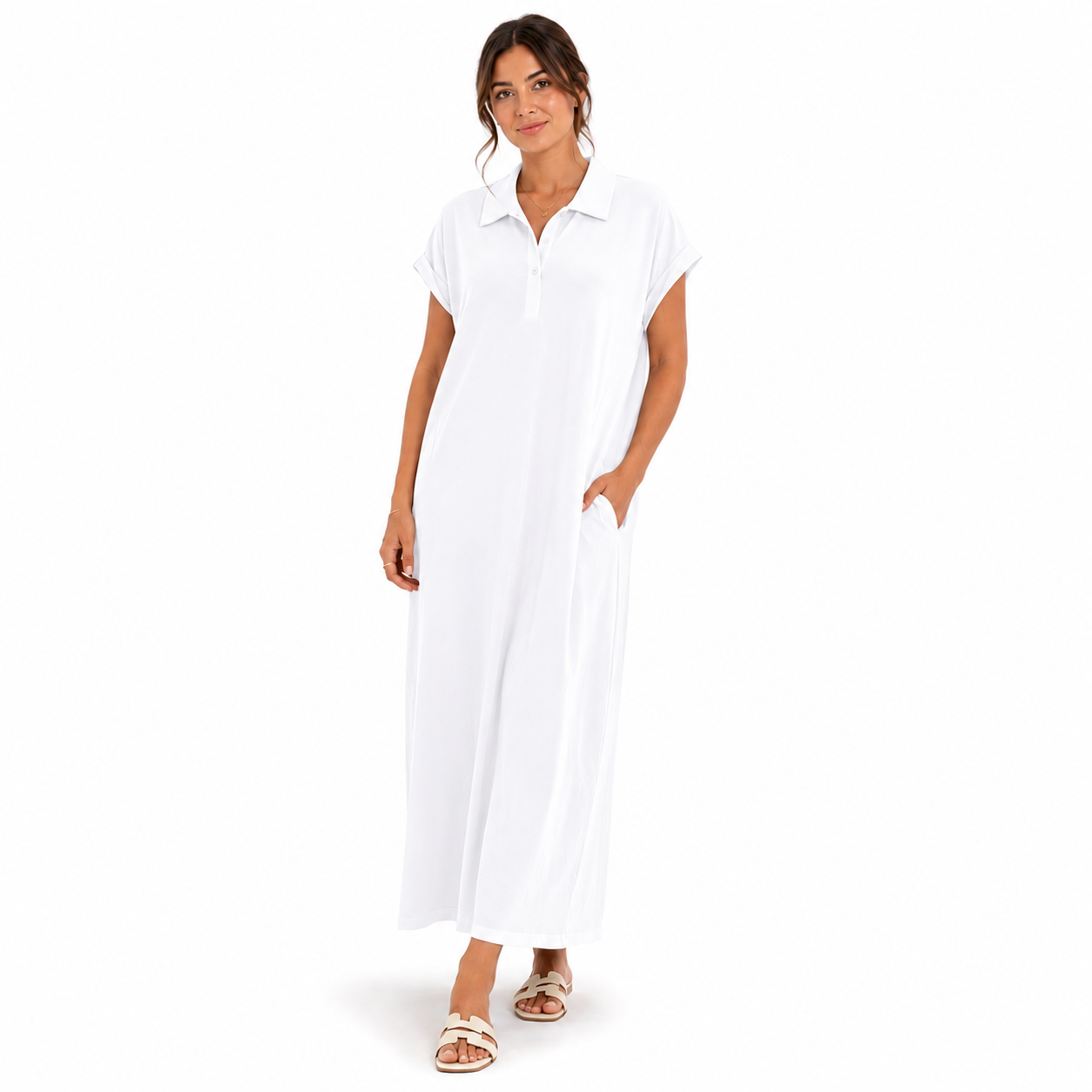 Robe Fluide Mi-Longue à Manches Courtes