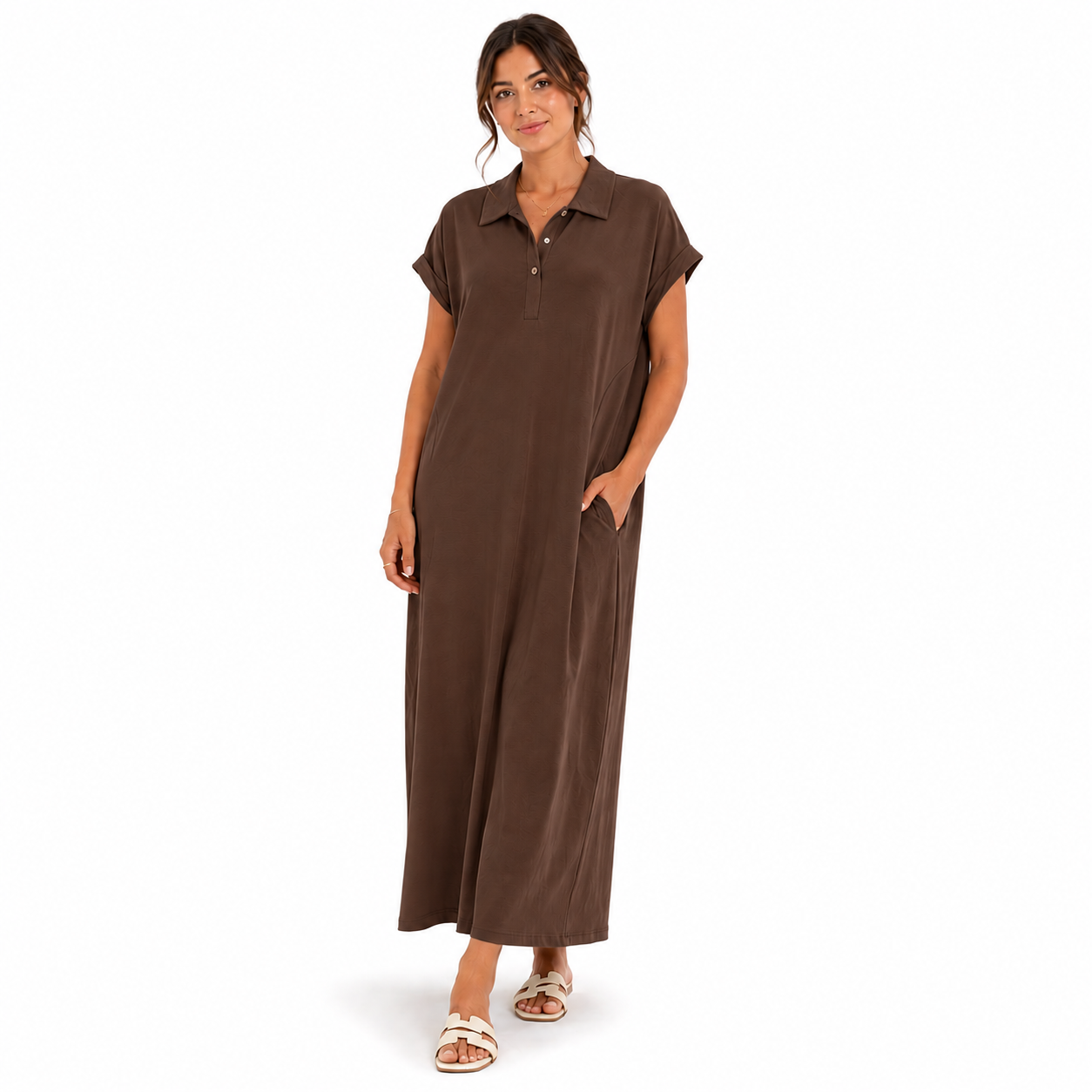 Robe Fluide Mi-Longue à Manches Courtes