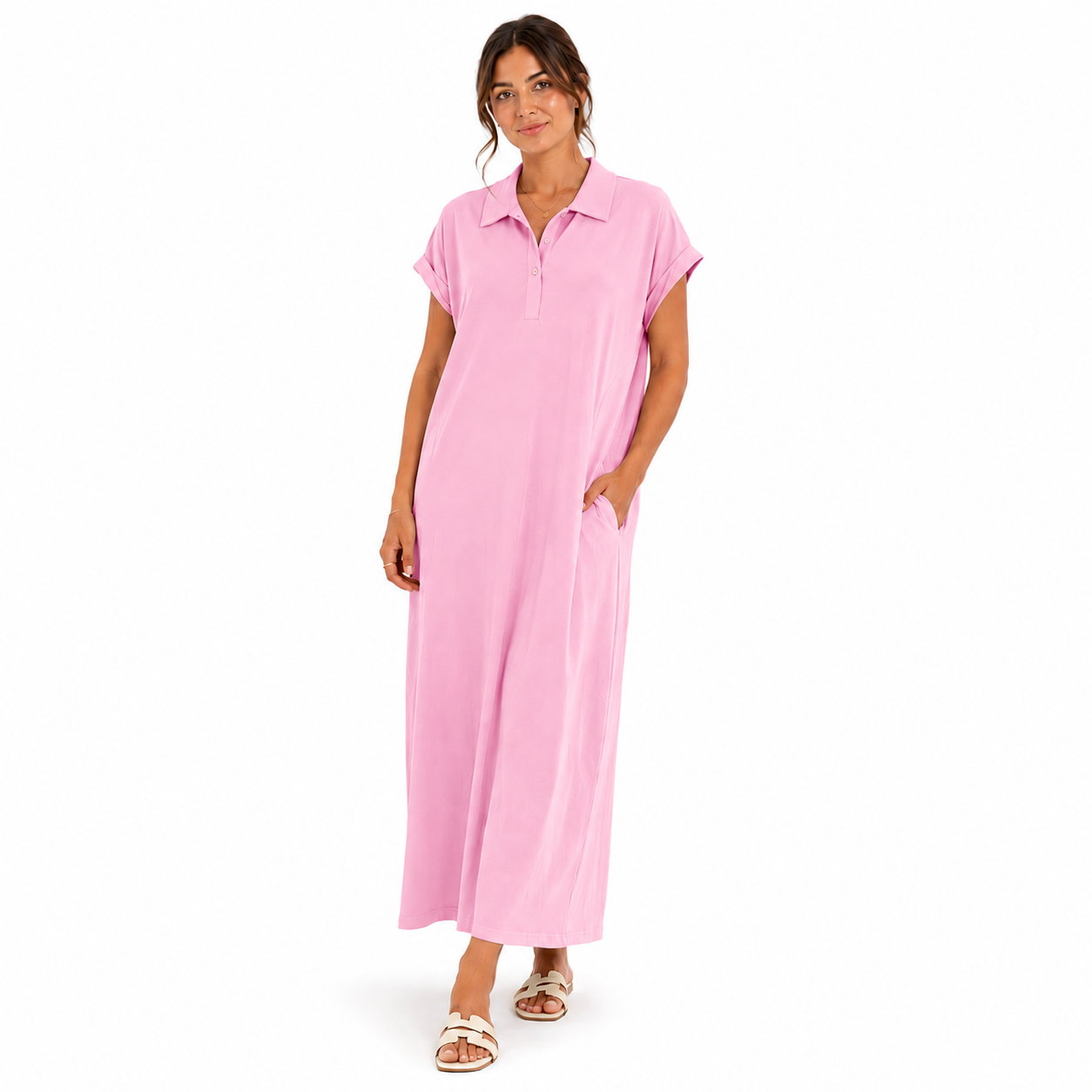 Robe Fluide Mi-Longue à Manches Courtes