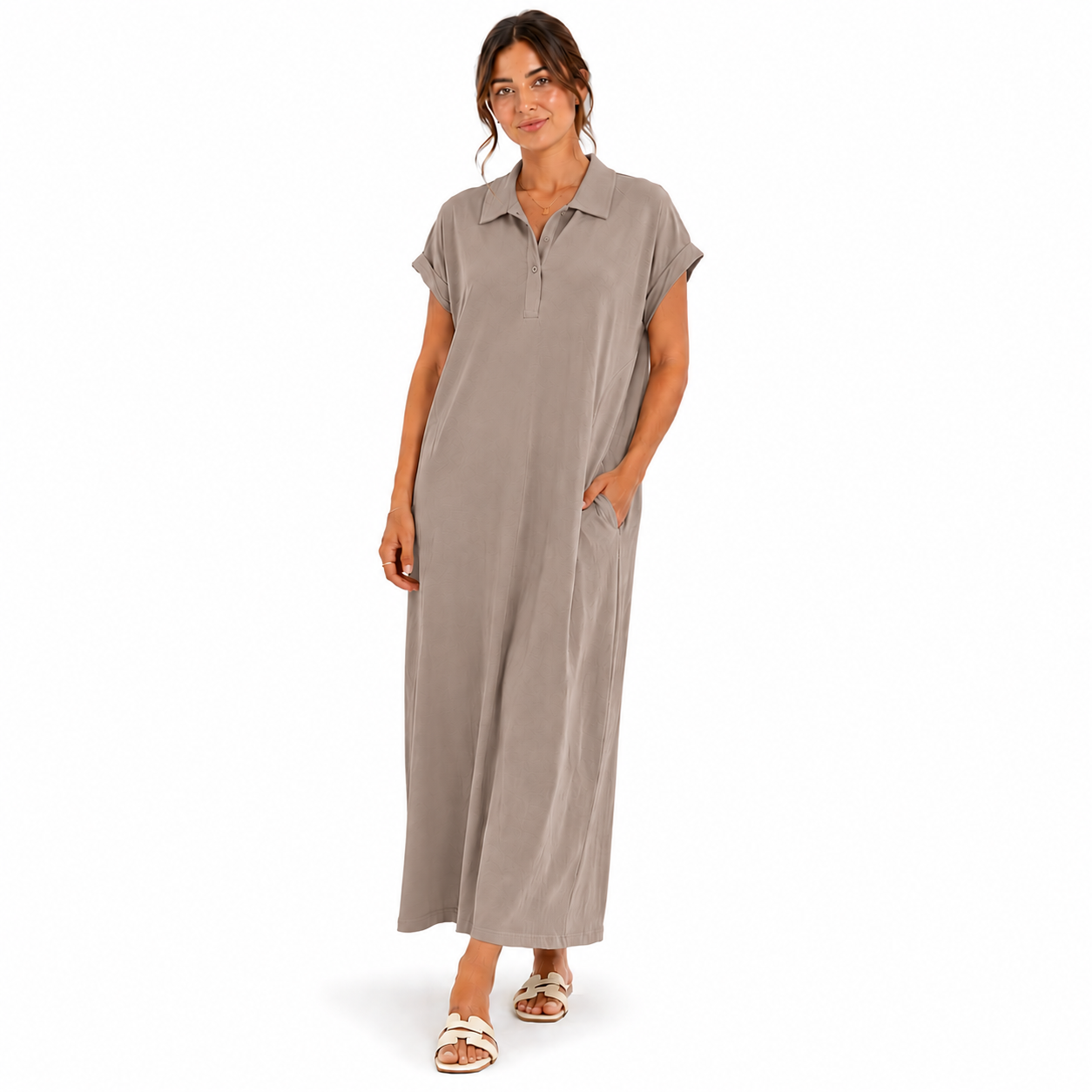 Robe Fluide Mi-Longue à Manches Courtes