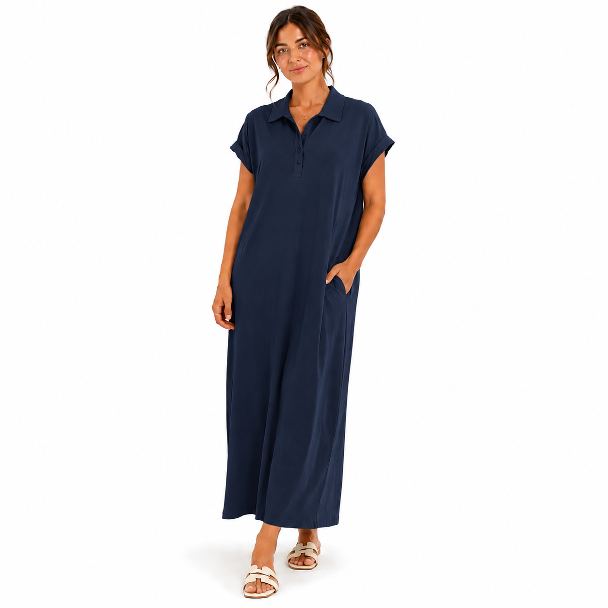 Robe Fluide Mi-Longue à Manches Courtes