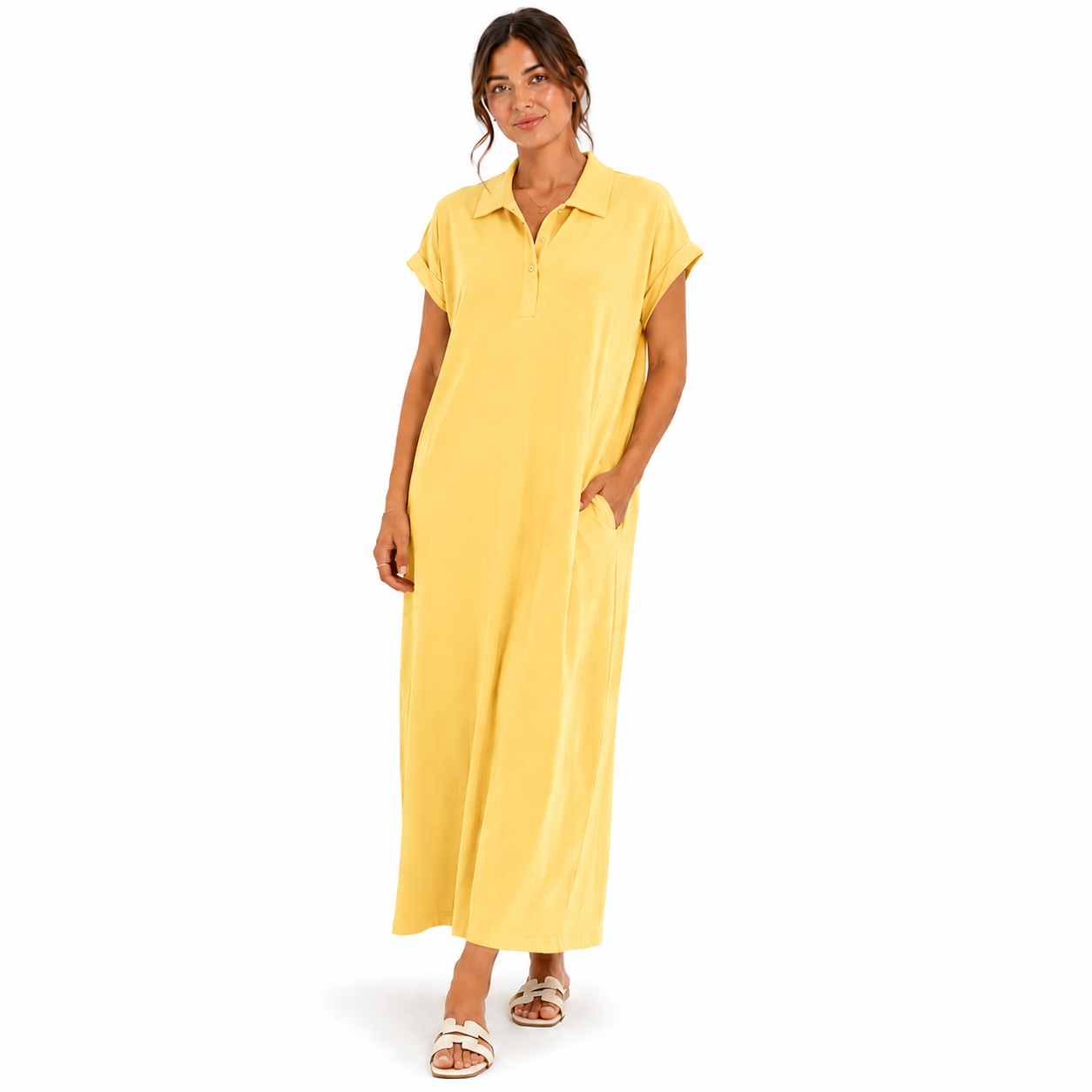 Robe Fluide Mi-Longue à Manches Courtes