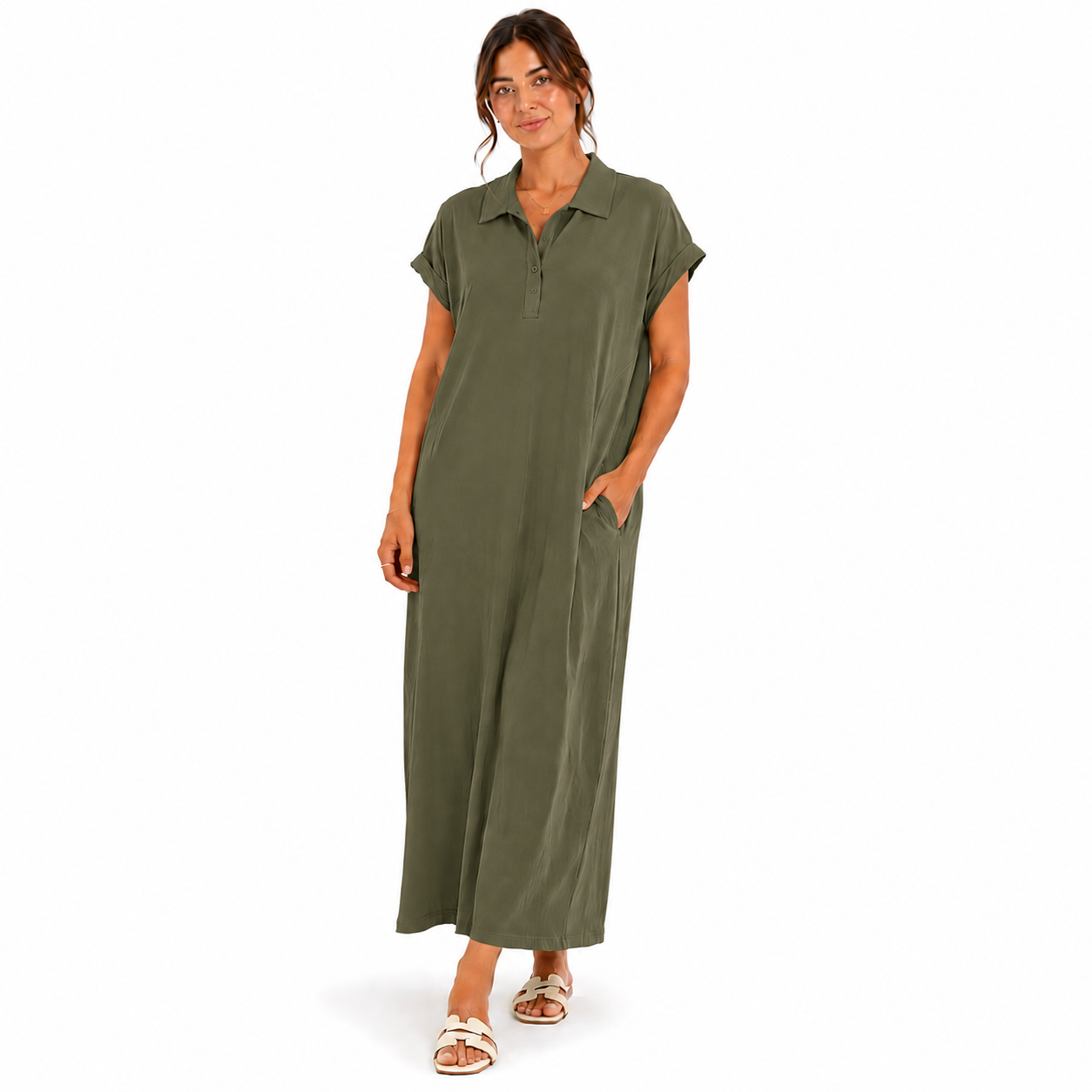 Robe Fluide Mi-Longue à Manches Courtes