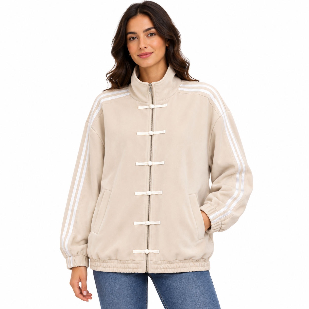 Veste Femme Oversize Zippée à Brandebourgs – Bandes Contrastées Manches Longues Style Casual Chic