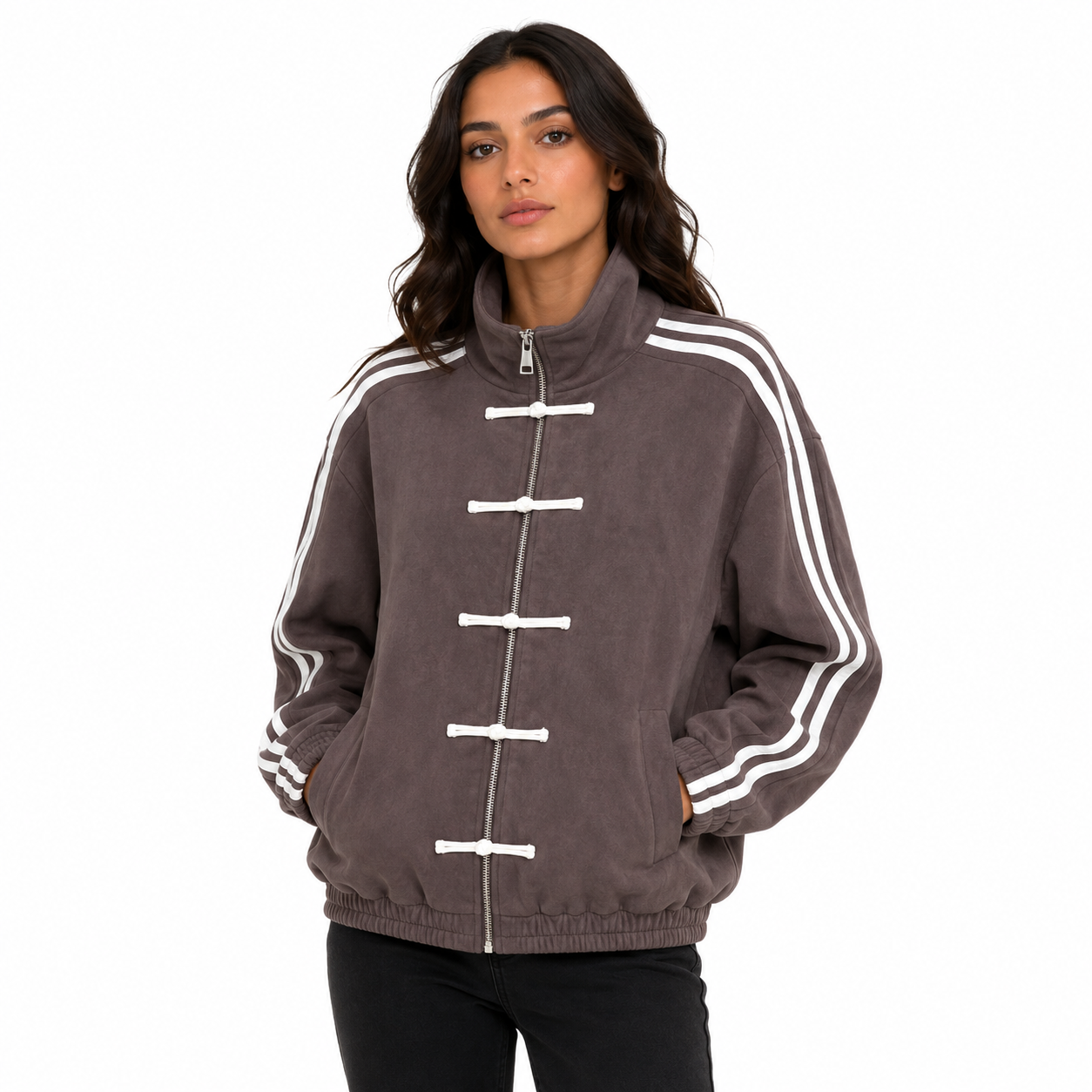 Veste Femme Oversize Zippée à Brandebourgs – Bandes Contrastées Manches Longues Style Casual Chic